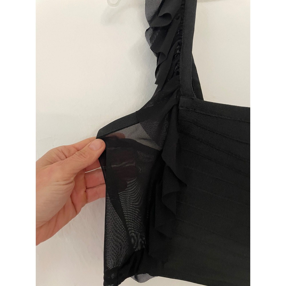 Fashion Nova Black Bandage Mesh Ruffle Crop Top 1XL Sheer Back Square Neck - Picture 3 of 7